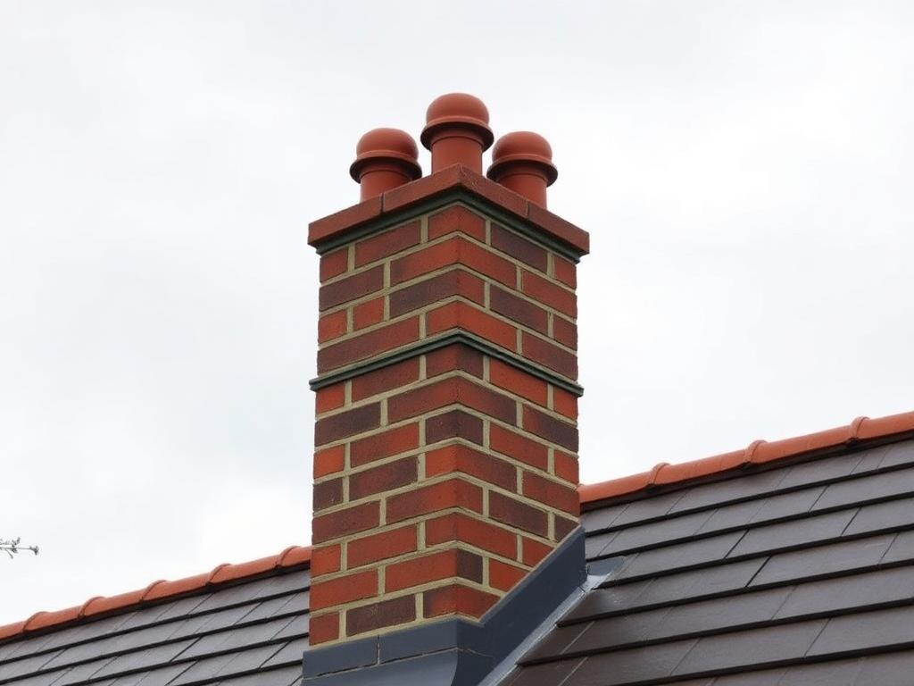 Rebuilt red brick chimney stack with new lead flashing on a British tiled roof