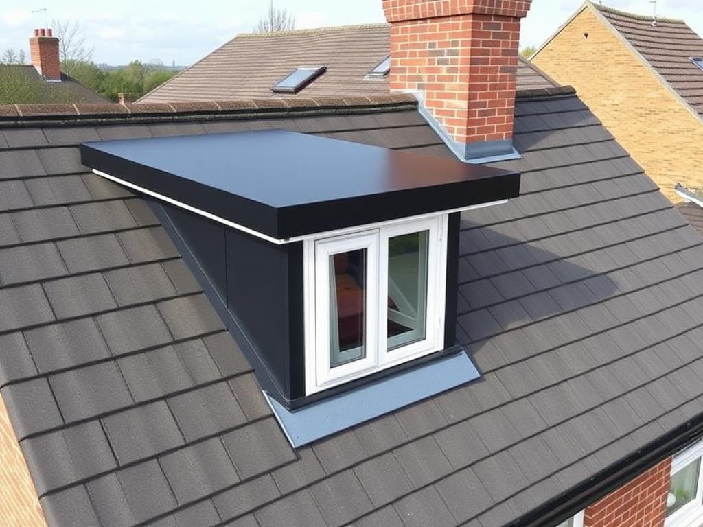 Flat-roofed loft dormer with black EPDM covering on a British tiled roof