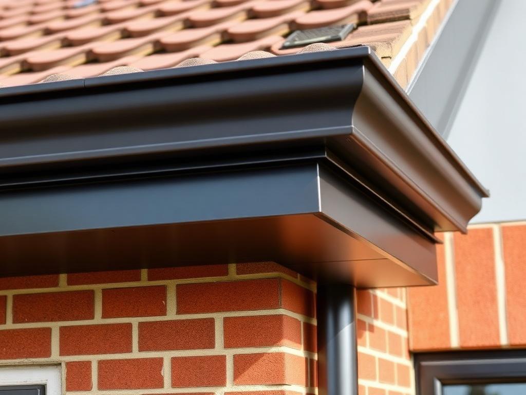 New anthracite grey UPVC fascias, soffits and guttering on a red brick UK home