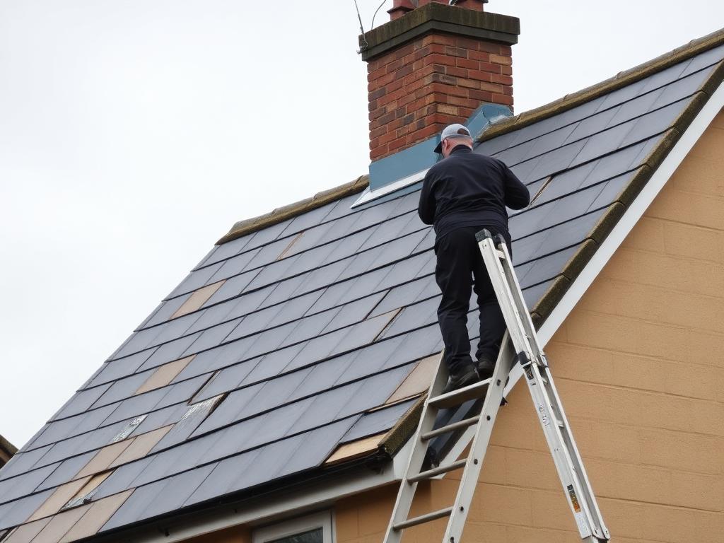 Roofer on a ladder refitting slipped slate tiles after a storm on a UK house