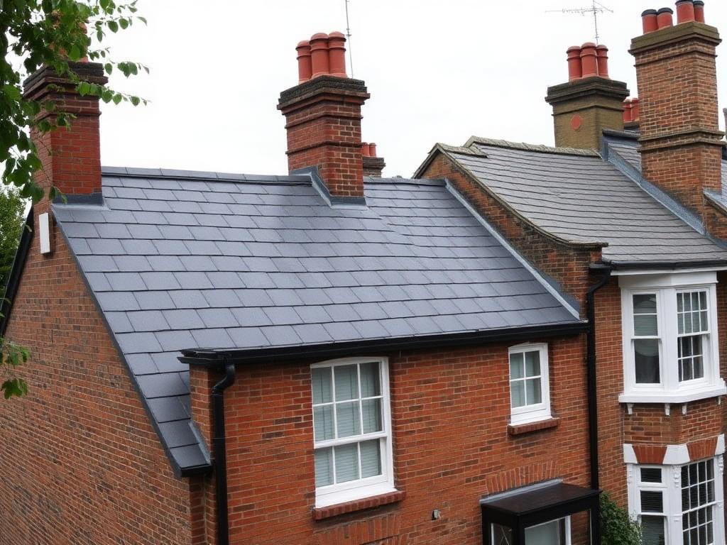 Freshly re-slated Victorian terrace roof with red brick chimney stacks in West London